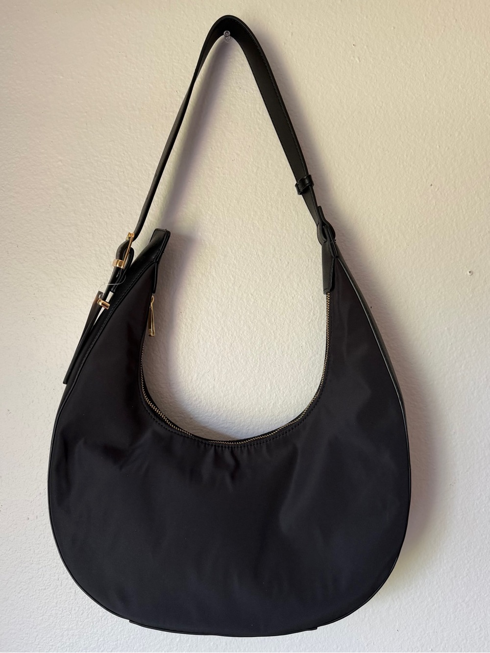Modern Trending Black Nylon Crescent Shoulder Hobo Bag, Gold Accents